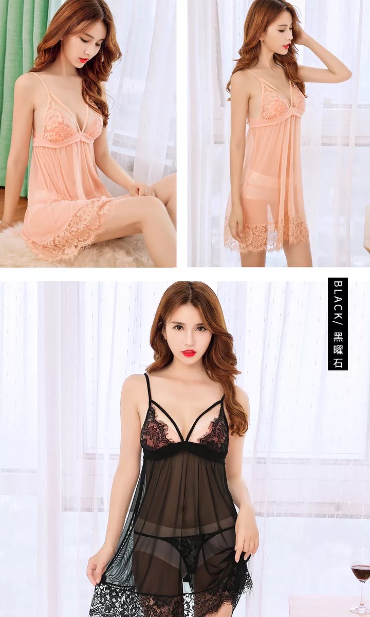 ชุดนอน เดรสซีทรู สีพีช แต่งลูกไม้ซีทรู เนื้อผ้าสวย ทิ้งตัว คุณหนูมากๆคะ