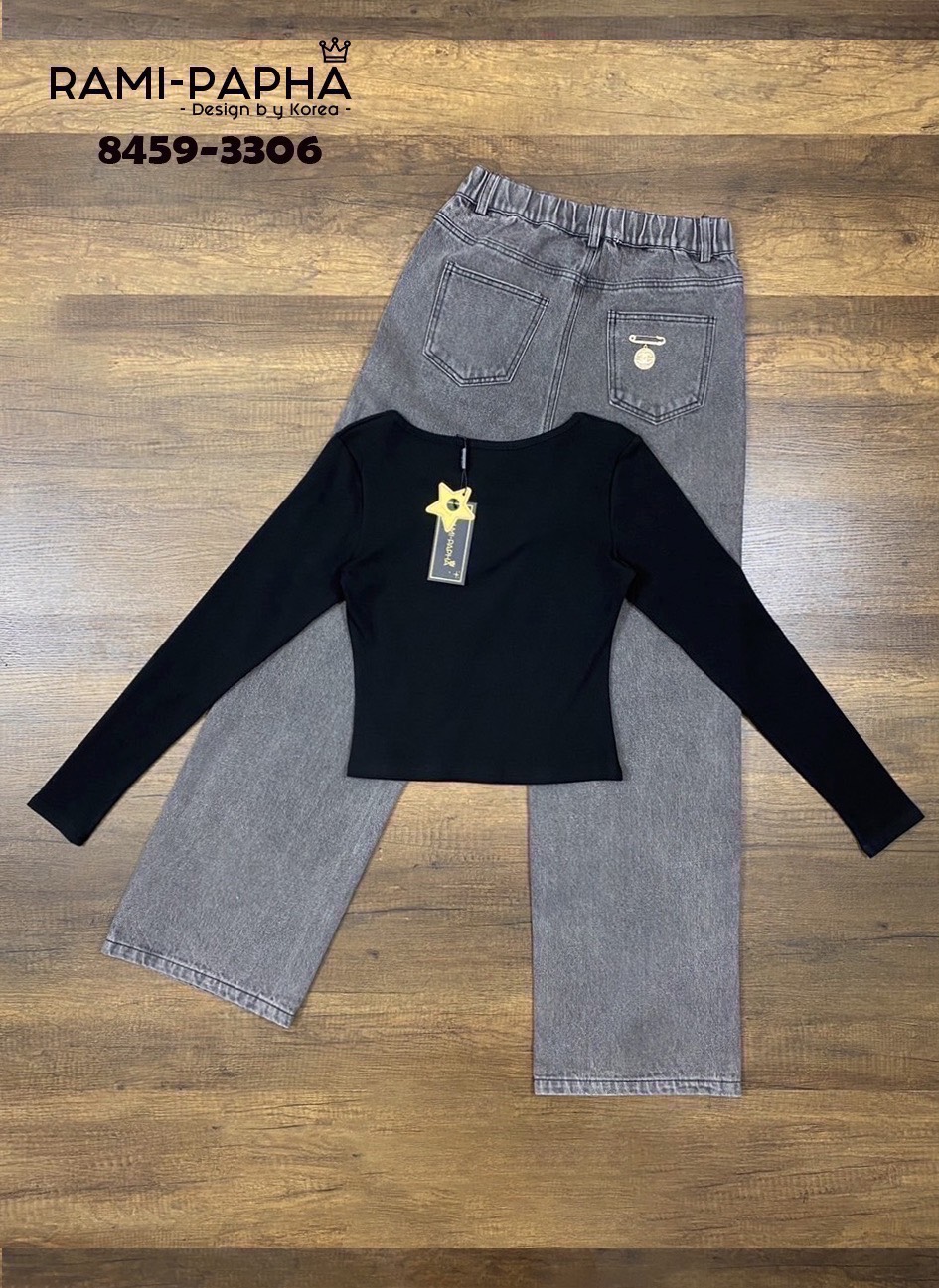 ชุดเซทแฟชั่น เสื้อ+ขายาว+เข็มกลัด Set.3ชิ้น เสื้อแขนยาวสีดำ เนื้อผ้าร่องยืดหยุ่นอย่างดีสวมใส่สบาย