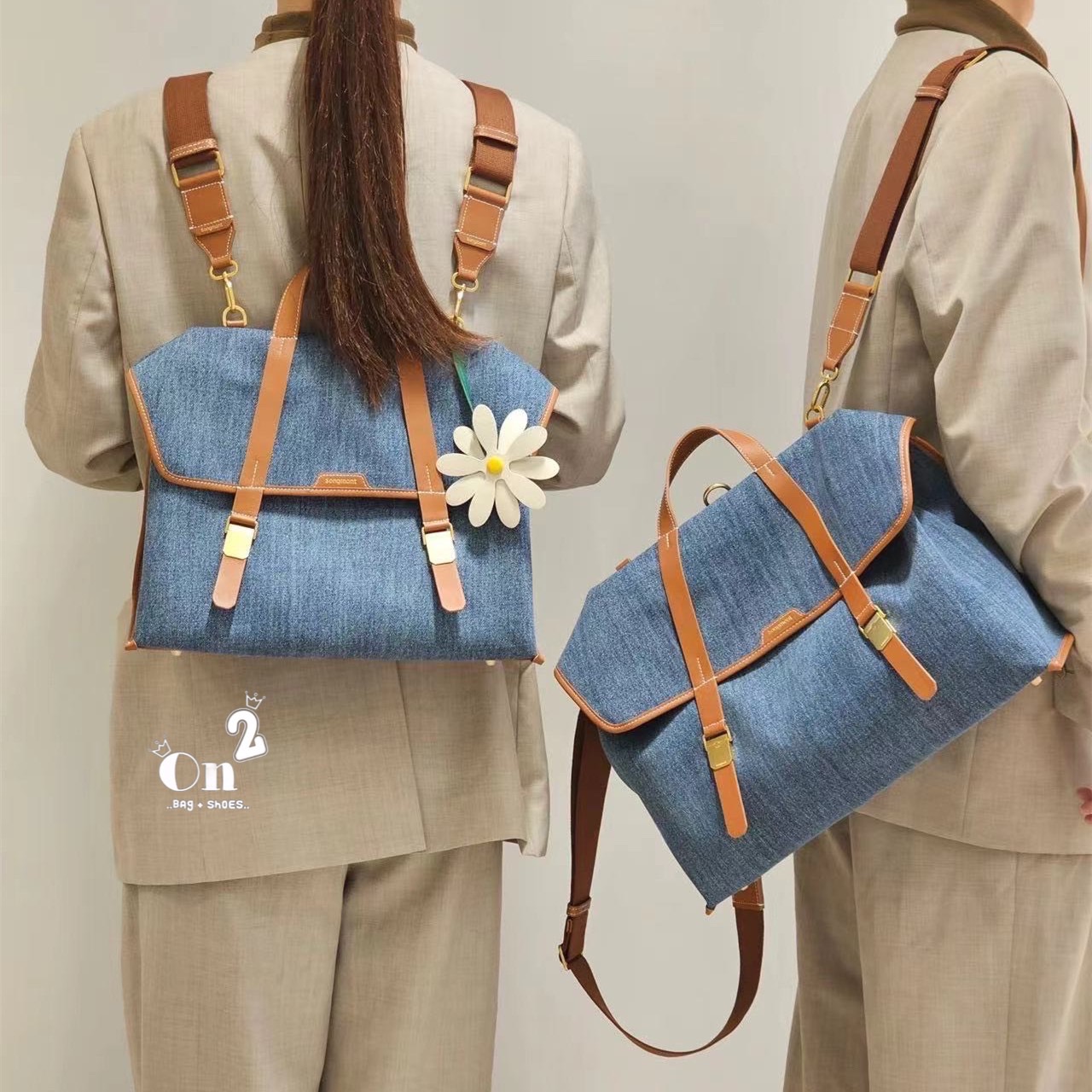 Songmont backpack วัสดุตัวกระเป๋าทำจากผ้าdenim อย่างดี ตรงสายทำจากหนังแท้ real leather อะหลั่ยสีทอง ของจริงน่ารักมากๆ มาพร้อมสายยาว 2 เส้น ทำจากผ้าไนล่อนอย่างหนา