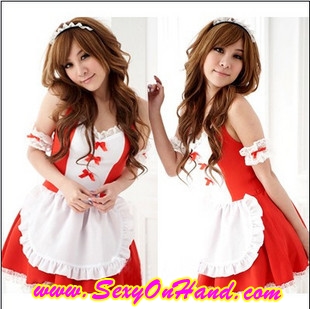 ชุดแฟนซี คอสเพลย์ แม่บ้าน Maidสาว สาวรับใช้ สีแดง แต่งระบายลูกไม้ขาว ติดริบบิ้นช่วงอก มีผ้ากันเปื้อน พร้อมสายรัดถุงน่องในตัว4 จุด+สายรัดขา+สายข้อมือ +คาดผม+G-string คุ้มสุดๆเลยจ้า