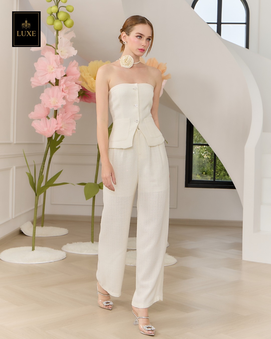 ชุดเซทแฟชั่น เซ็ตเสื้อเกาะอกทรงหลวม+กางเกงเอวสูงขากระบอกกว้าง