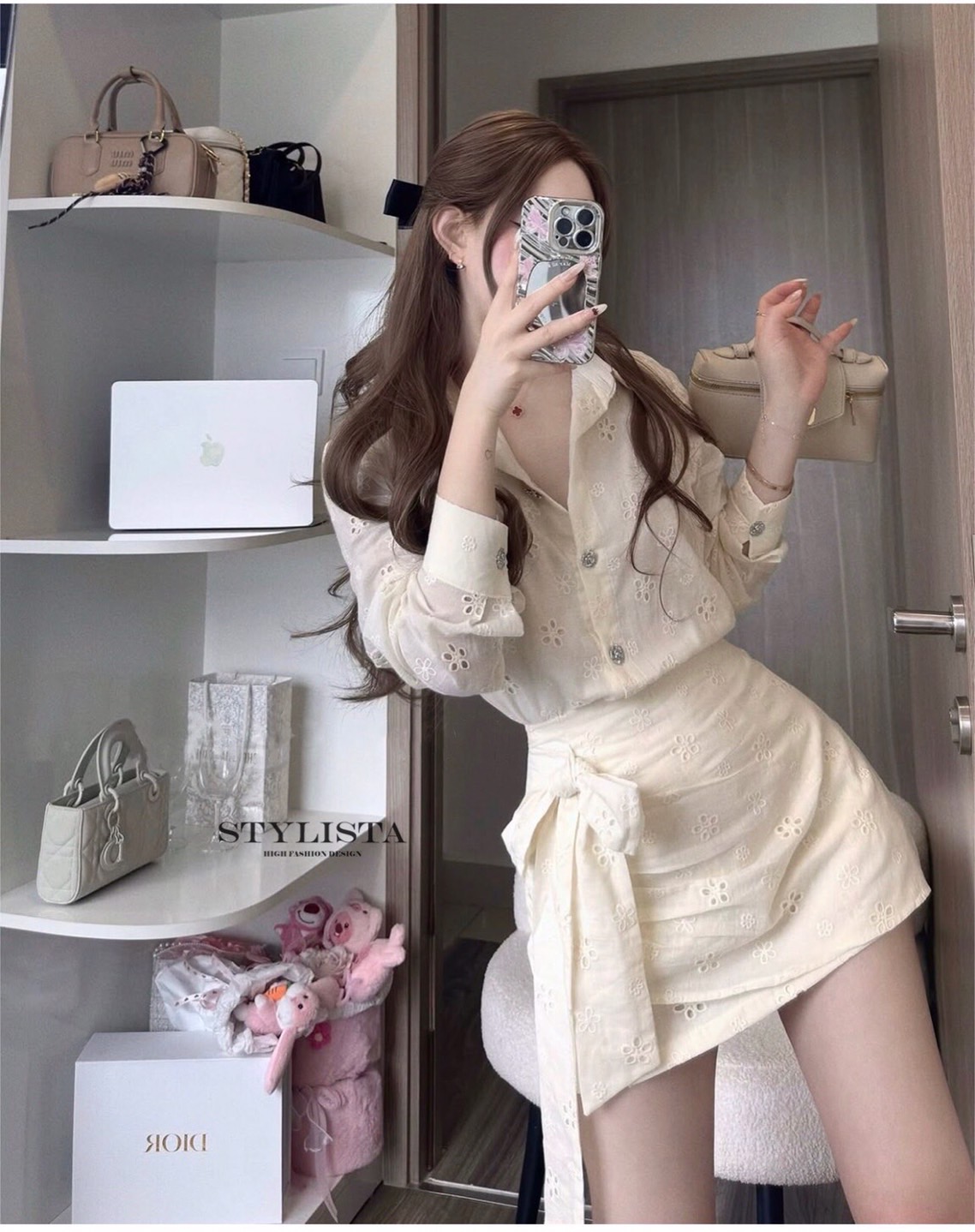 ชุดเซทแฟชั่น ชุดเซ็ต 2 ชิ้นทรงเชิ้ตแขนยาว + กระโปรงทรงไขว้ผูกโบว์สุดคิ้วท์