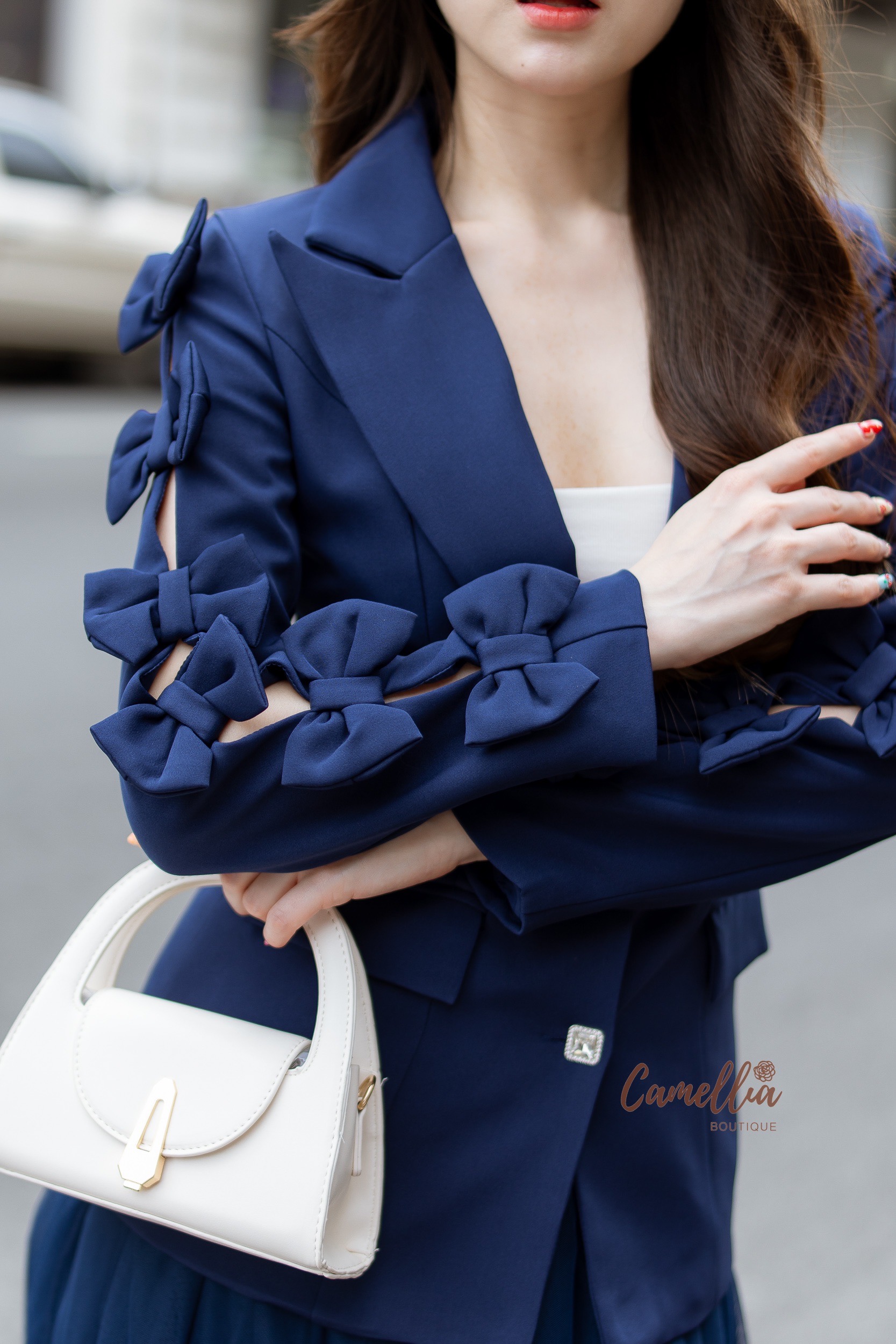 ชุดเซทแฟชั่น ชุดSet เสื้อBlazer แขนโบแต่งกระดุมเพชรด้านหน้า