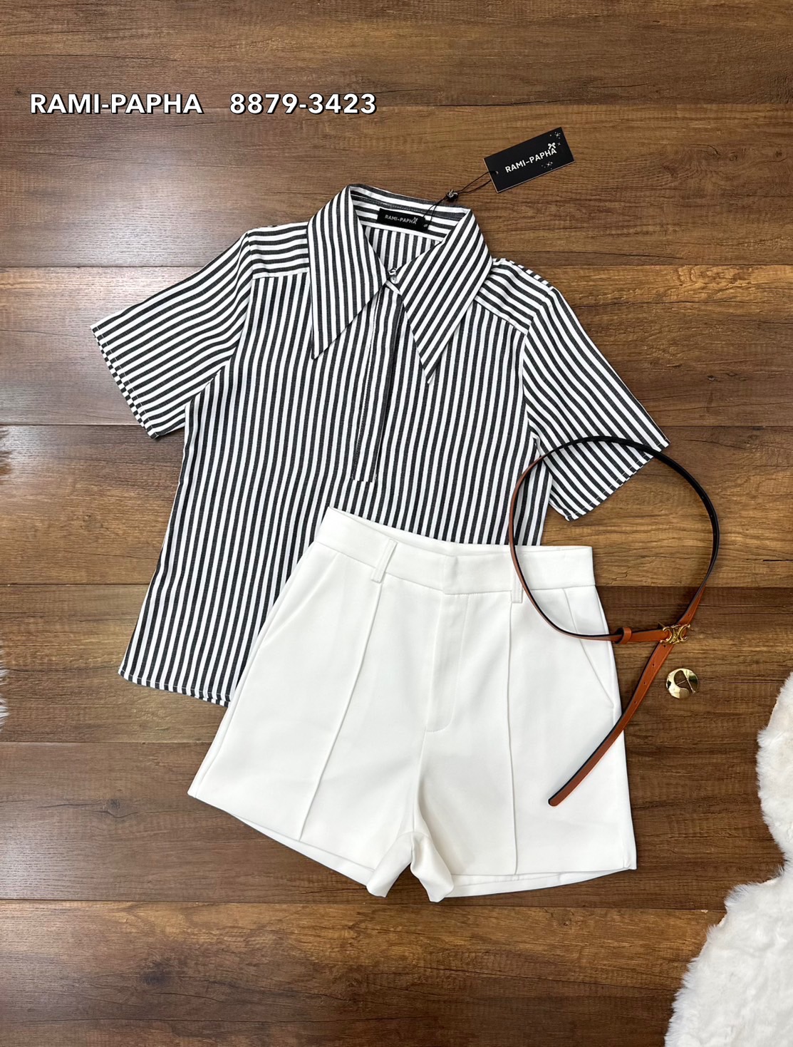 ชุดเซทแฟชั่น เซตส4ชิ้นสุดคุ้ม!! เสื้อเชิ้ตแขนสั้นคอปกเก๋ๆ ลายริ้วทางตรงสีสวยคลาสสิค