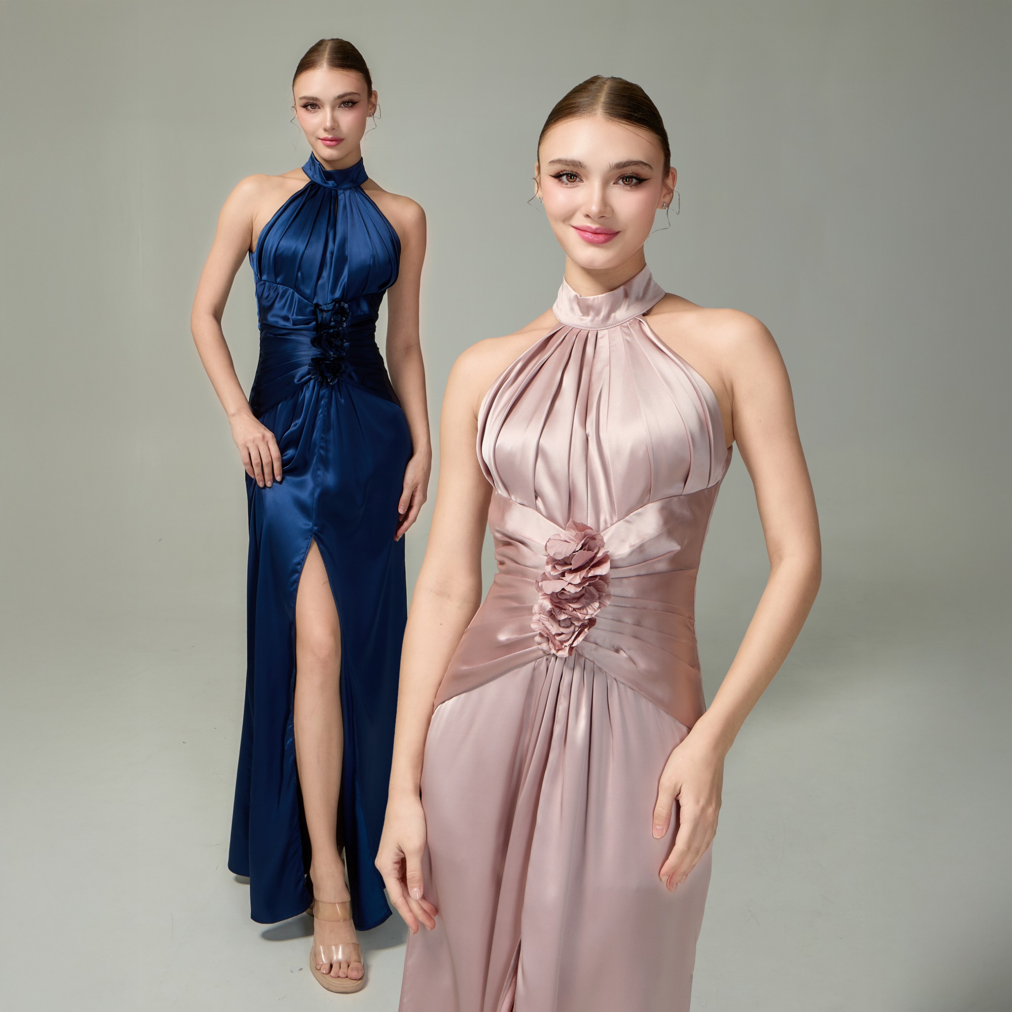 เดรสแฟชั่น แม็กซี่เดรสเสื้อคอกลมแขนกุด กระโปรงผ่าหน้าขา