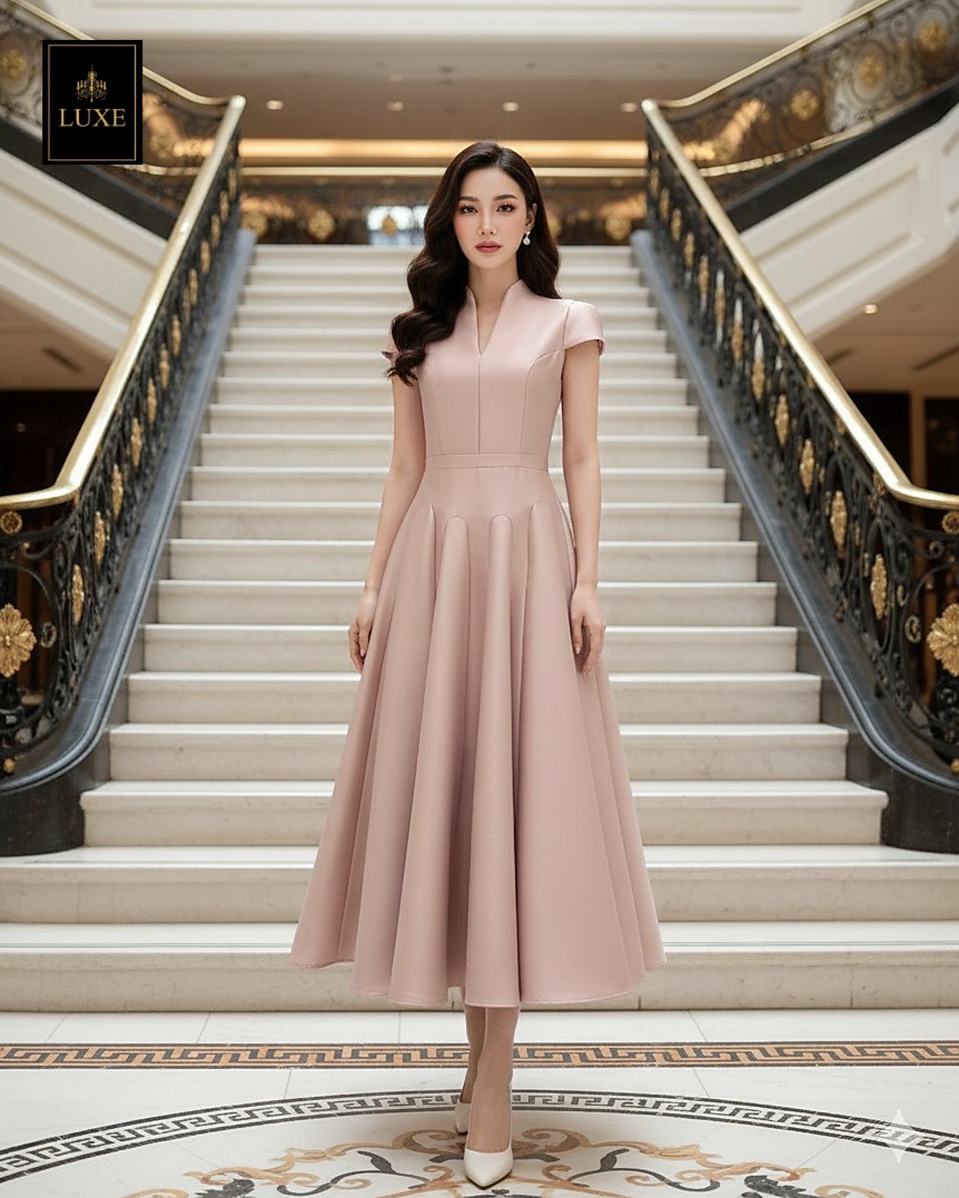 เดรสแฟชั่น เดรสเสื้อคอตั้ง แขนสั้น กระโปรงบาน