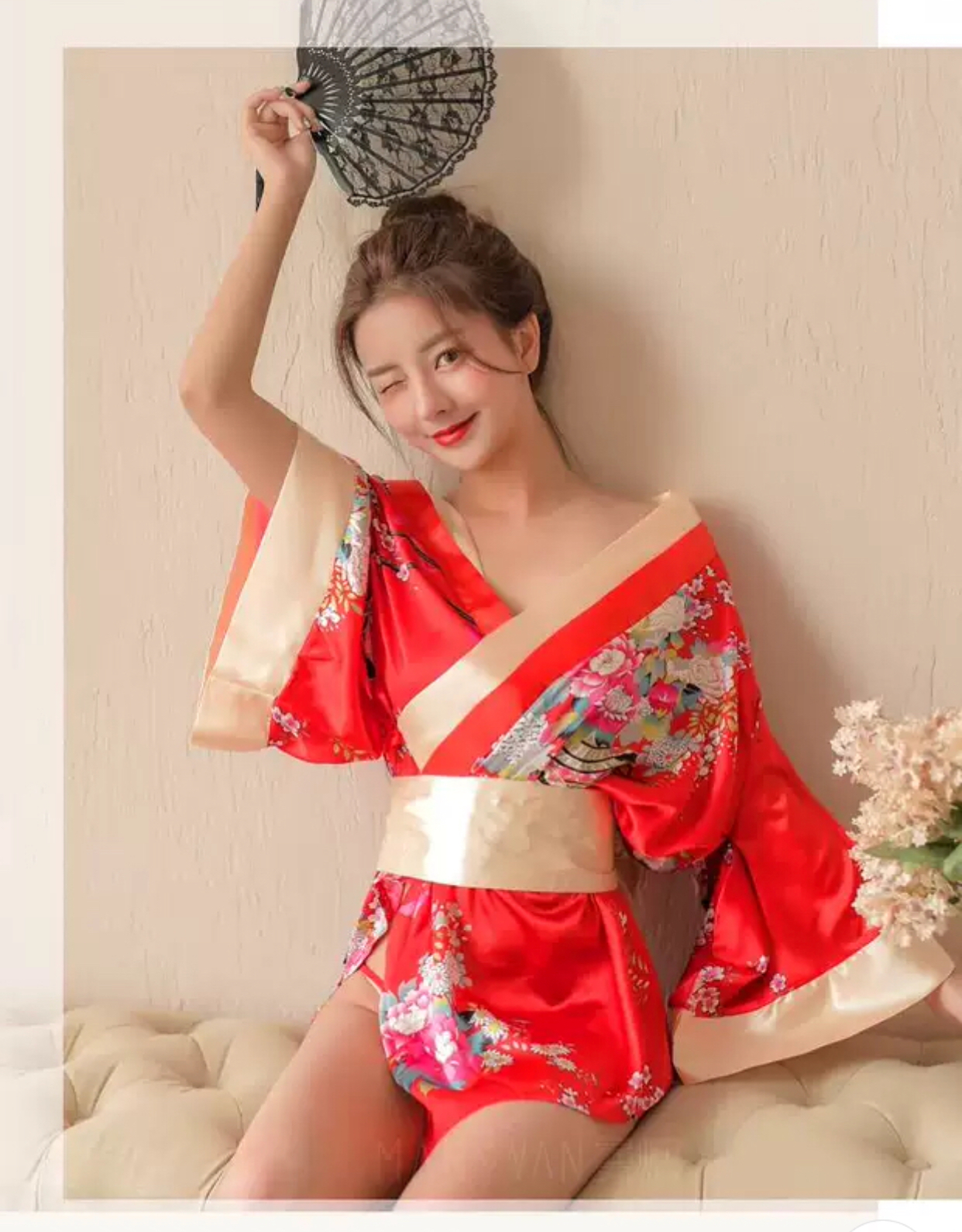 ชุดกิโมโน ซากุระ สีแดง ทอง แต่งสายคาด โบว์สำเร็จรูป สำเนา สำเนา