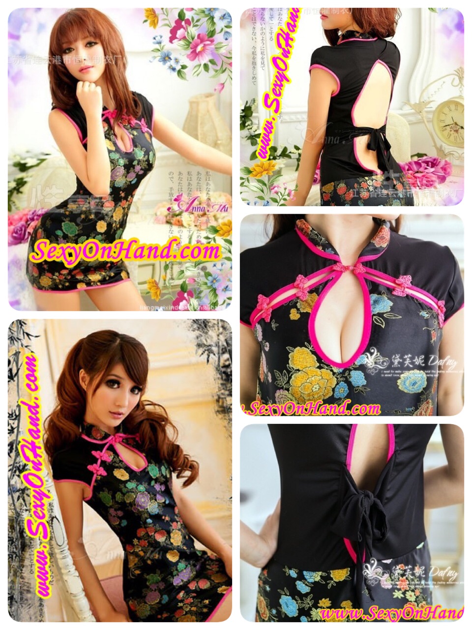 ชุดกี่เพ้าเซ็กซี่ ชุดจีนประยุกต์ กี่เพ้าสั้น สาวหมวยอินเตอร์ สีพื้นดำลายดอกเหมยหลากสี แต่งขอบชุดสีชมพู เนื้อผ้าหรู อินเตอร์มากๆคะ +G string เข้าชุดคะ