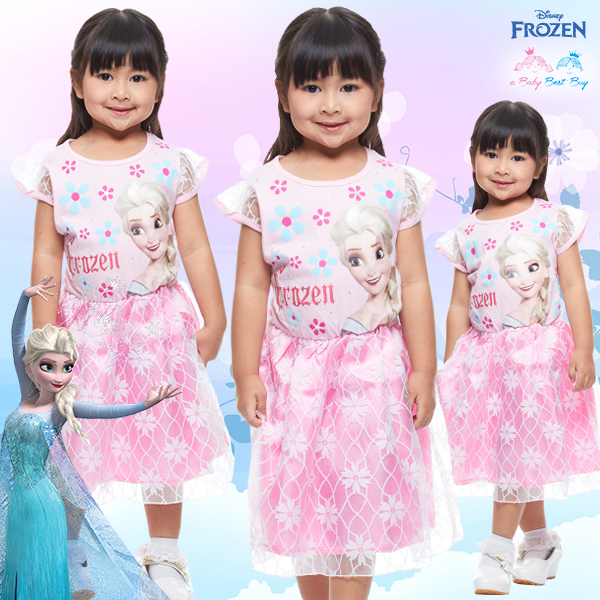 ( 4-6-8-10 ปี ) ชุดเดรสสีชมพู แขนสั้นลายดอก ลายเจ้าหญิงเอลซ่า Elsa Frozen Disney Princess ดิสนีย์แท้ ลิขสิทธิ์แท้ (สำหรับเด็ก4-6-8-10 ปี)