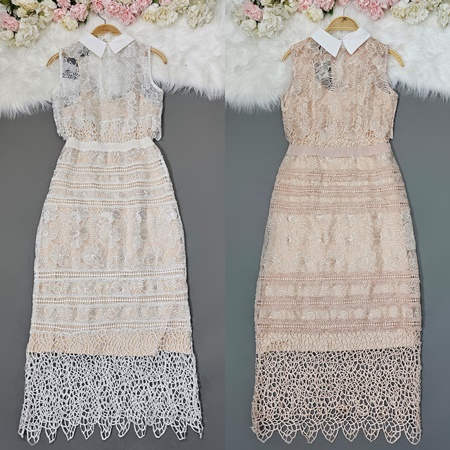 เดรสเสื้อแขนกุดแต่งคอปก กระโปรงทรงสอบ ทำจากผ้าลูกไม้โครเชต์