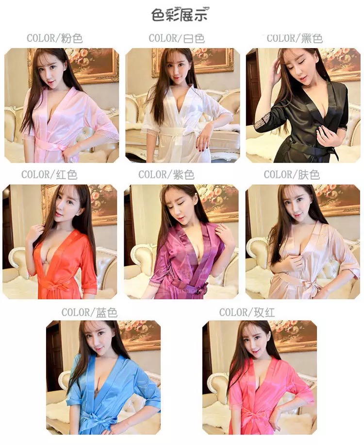 ชุดคลุมเซ็กซี่ ชุดคลุมนอน คลุมอาบน้ำ แต่งลูกไม้ปลายแขน +สายผูกเอว +G-string เข้าชุด