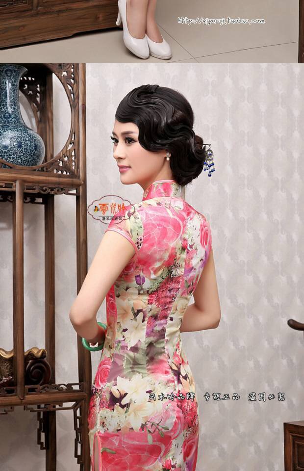 ชุดกี่เพ้า ชุด กี่เพ้าประยุกต์ เนื้อผ้าไหม ลายดอก สีโทนชมพู สวยหวาน แต่งปลายขลิบ เนื้อผ้าสวยหรู งานเนี๊ยบมากคะ Size M