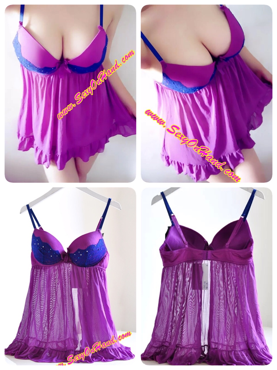 ชุดนอน สายเดี่ยวแต่งลูกไม้ สีม่วง งานเกรดพรีเมี่ยม ติดตะขอด้านหลัง Size XL (C85/D70/D75/D80 )