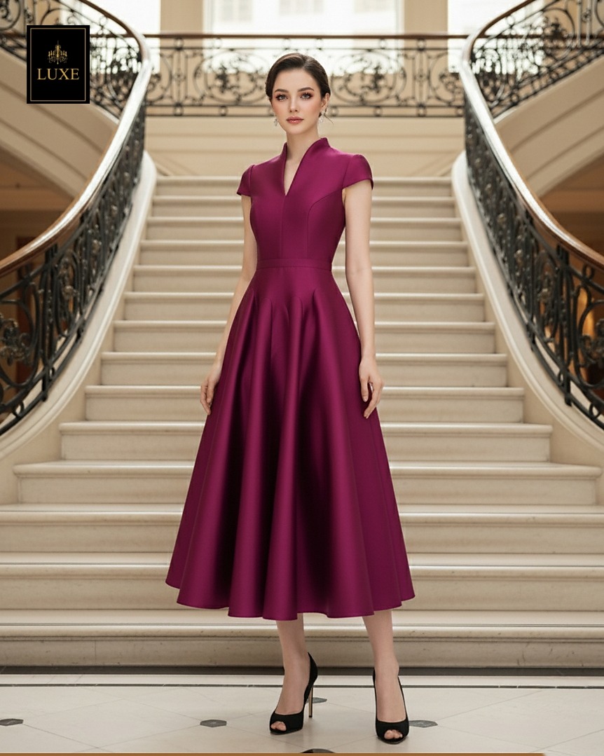 เดรสแฟชั่น เดรสเสื้อคอตั้ง แขนสั้น กระโปรงบาน