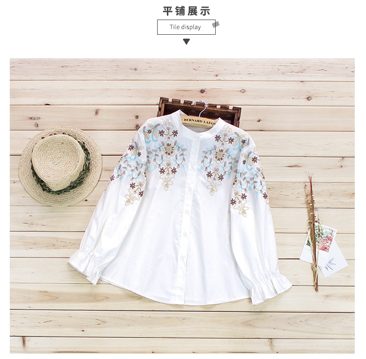 KTFN เสื้อเชิ๊ตคอปกแฟชั่น งานปักลายลูกไม้บอสซัม ปลายแขนยางยืด สีขาว