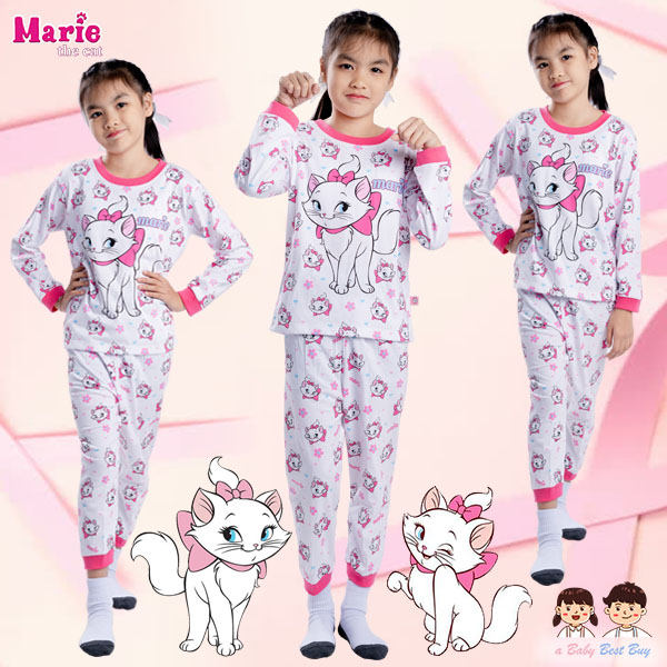 ( S-M-L-XL ) ชุดนอน Disney Marie เสื้อแขนยาวสีขาว กางเกงขายาวสีขาวสุดน่ารัก ดิสนีย์แท้ ลิขสิทธิ์แท้(สำหรับเด็กอายุ 2-8 ปี)