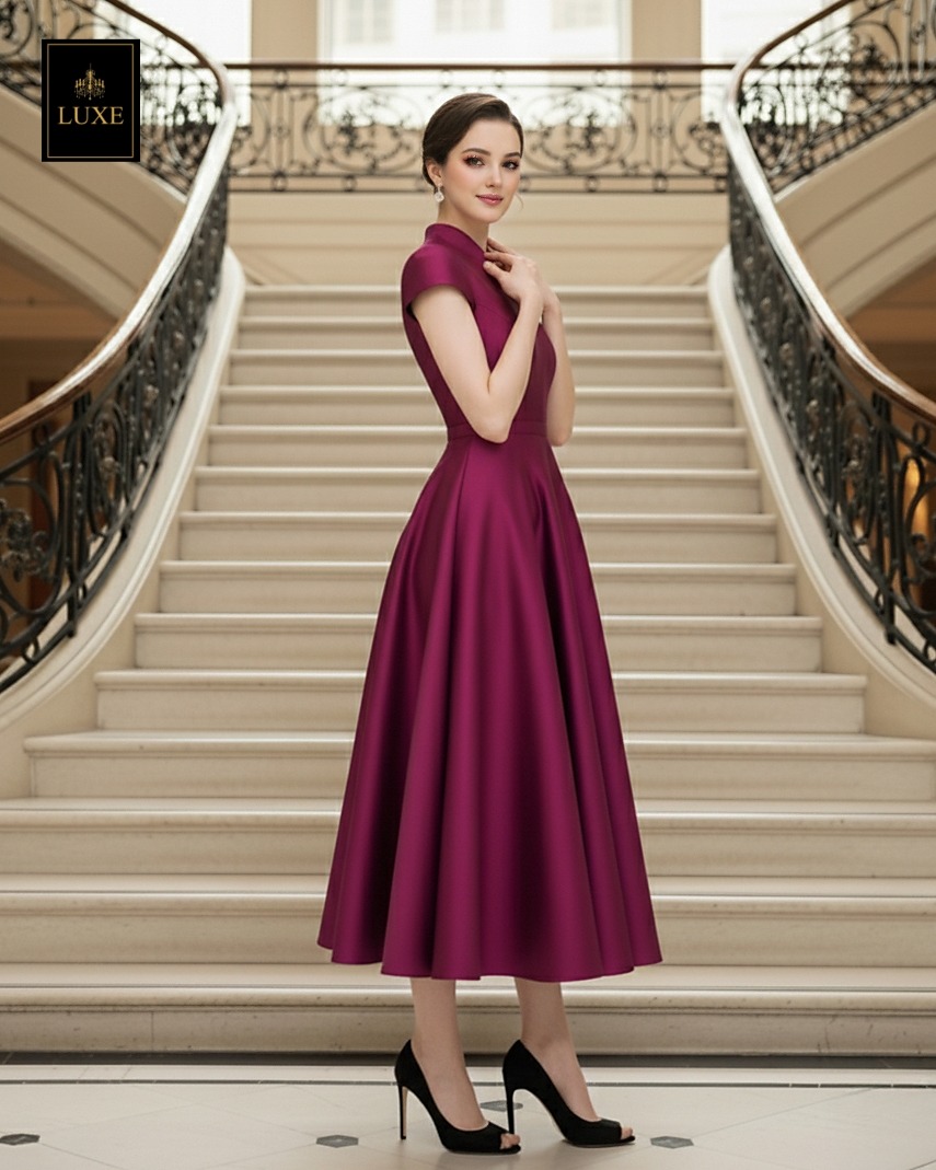 เดรสแฟชั่น เดรสเสื้อคอตั้ง แขนสั้น กระโปรงบาน