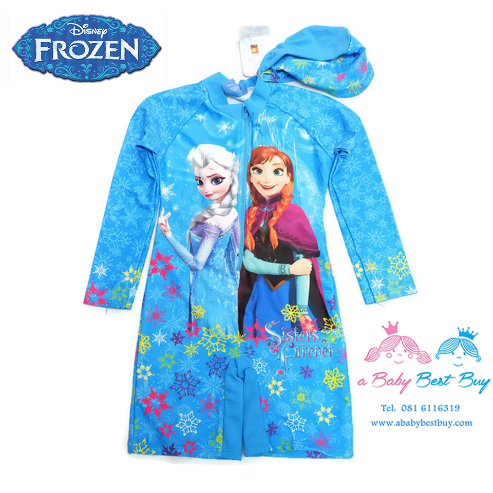 ฮ Size M - ชุดว่ายน้ำเด็กผู้หญิง Disney Frozen สีฟ้า บอดี้สูทเสื้อแขนยาวกางเกง สกรีนลาย เจ้าหญิง อันนา เอลซ่า มาพร้อมหมวกว่ายน้ำ สุดน่ารัก ใส่สบาย ลิขสิทธิ์แท้ (สำหรับเด็กอายุ 5-6 ปี)