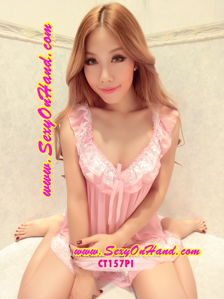 ชุดนอน เซ็กซี่ ชุดนอนซีทรู สีชมพูหวาน แต่งระบาย คอและชายกระโปรง เนื้อผ้า สวยหรู คุณหนูมากๆคะ +G-string