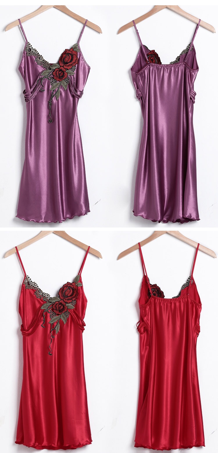 ชุดนอน ผ้าไหม สีแดง แต่งลูกไม้ปักช่วงขอบคอเสื้อ สไตล์หรูหรา คลาสสิค เนื้อผ้าเกรด AAA งานเกรดพรีเมี่ยมเลยคะ