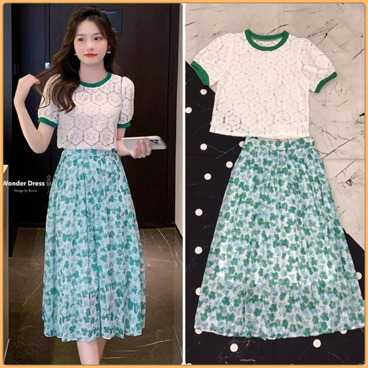 NEW ARRIVAL KOREA DESIGN BY WONDER DRESS สินค้าพร้อมส่งจร้า เซทเสื้อลูกไม้สีขาวลายดอกไม้เก็บขอบช่วงคอและแขนแทบสีเขียวงานสวยมากคะ จับคู่มากับกระโปรงทรงสวยงานปักลายใบไม้ ช่วงเอวด้านหลังเป็นสม๊อคยืดได้นิดหน่อย กระโปรงซิปซ่อนด้านข้าง