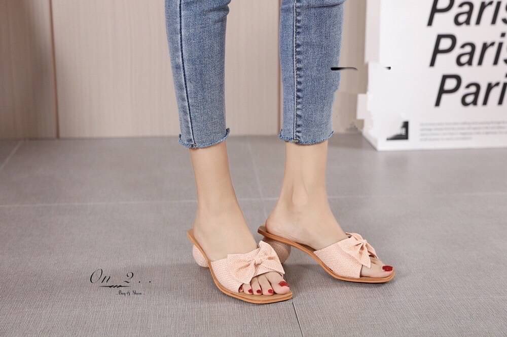 รองเท้าส้นสูง ส้นกลมผ้ากระสอบประดับโบพื้นคิว งานสวยน่ารักมากค่ะ -Premium Quality- วัสดุเกรดดี การันตีคุณภาพค่ะ