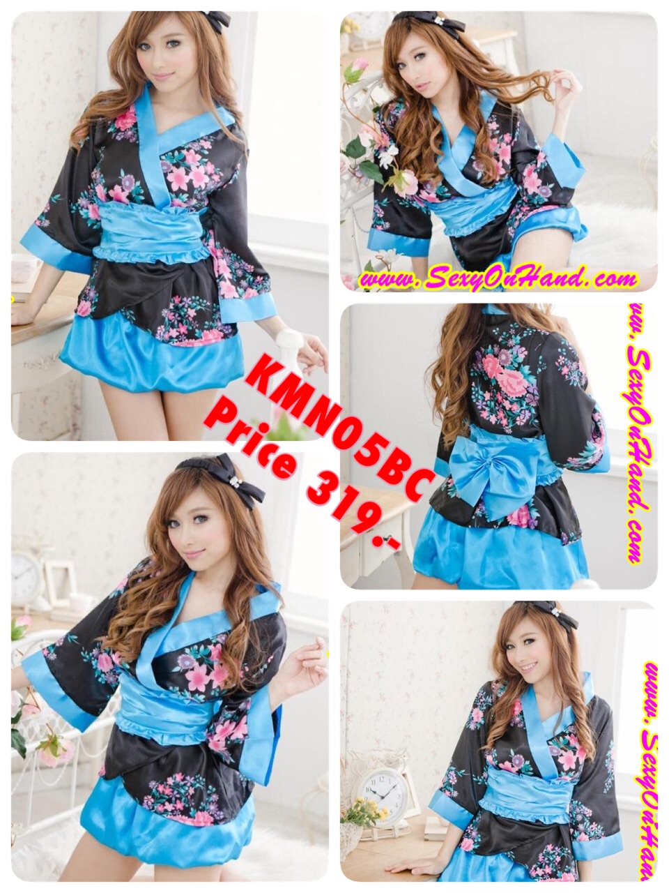 ชุดยูกาตะ กิโมโน เสื้อคลุมญี่ปุ่น ชุดกิโมโนสั้น สีฟ้า ดำ ลายดอกไม้ กระโปรงฟ้า บอลลูน น่ารักใสๆ หวานๆ + ที่รัดเอว และ G-string เข้าชุดคะ