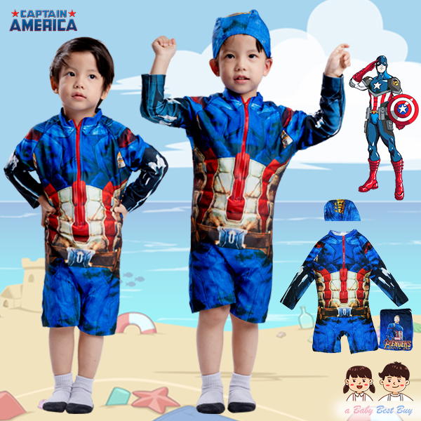 " ชุดว่ายน้ำเด็กผู้ชาย Captain America บอดี้สูทแขนยาวกางเกงขาสั้น ซิบหน้า สีน้ำเงิน ลาย Captain America เสมือนจริง มาพร้อมหมวกว่ายน้ำและถุงผ้า สุดเท่ห์ ใส่สบาย