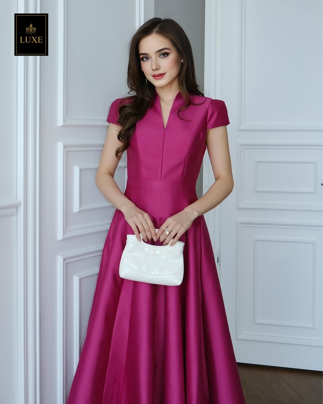 เดรสแฟชั่น เดรสเสื้อคอตั้ง แขนสั้น กระโปรงบาน