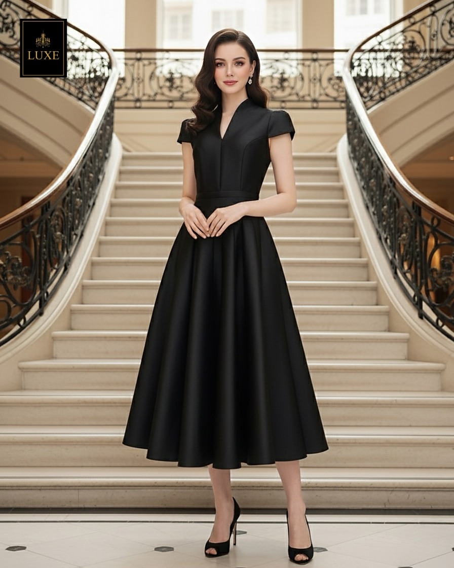 เดรสแฟชั่น เดรสเสื้อคอตั้ง แขนสั้น กระโปรงบาน