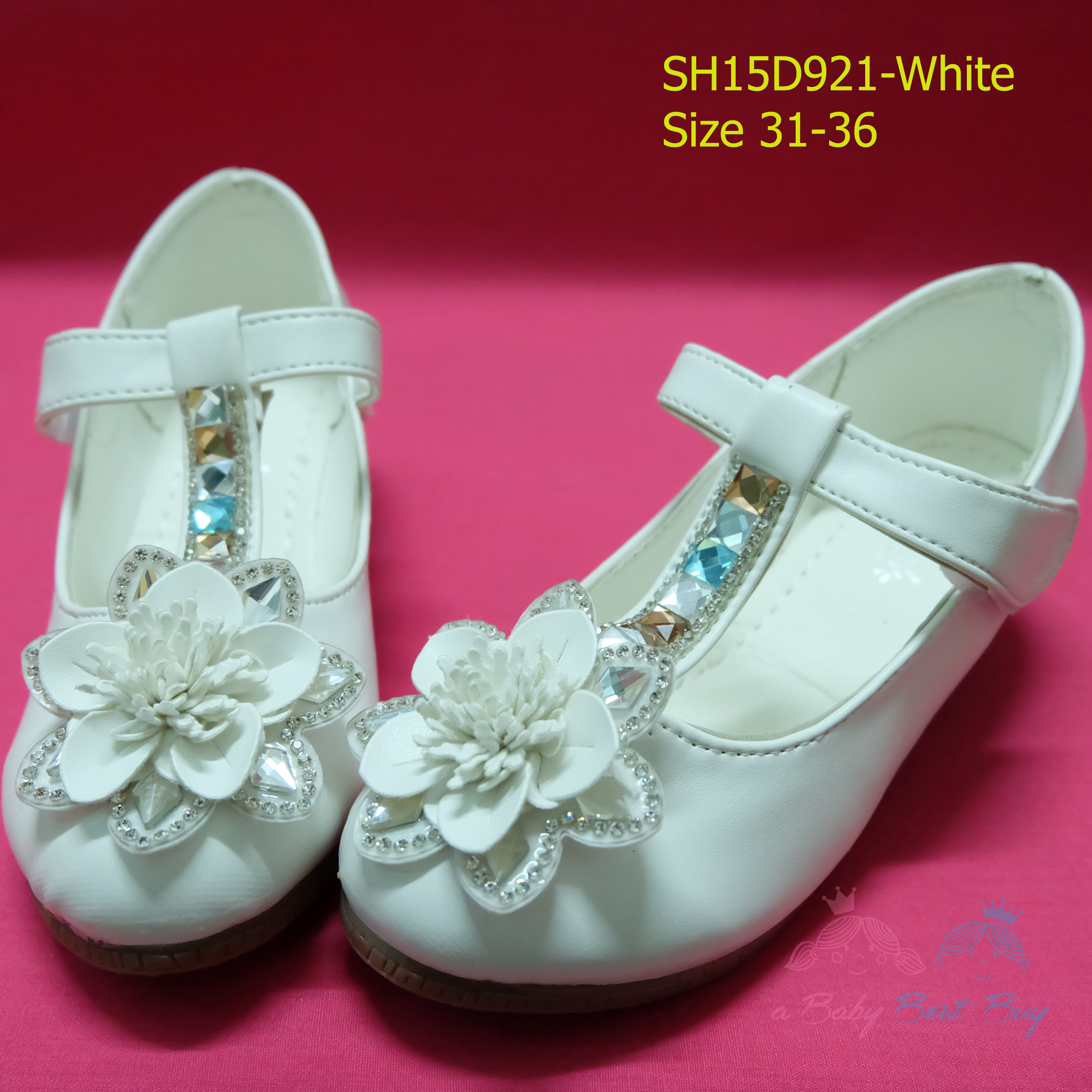 15D921 White รองเท้าเด็กผู้หญิง หนังแก้วสีขาว ส้นสูงปานกลาง ใส่ไป งานแต่งงาน งานเลี้ยง ไซส์31-36
