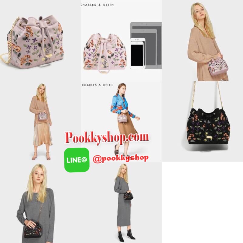 พร้อมส่ง ส่งฟรี EMS กระเป๋าสะพาย CHARLES & KEITH EMBELLISHED DRAWSTRING BAG SL2-20780488 ทรงขนมจีบ ปักลายดอกไม้ ชนชอป สิงคโปร์ 2018 สุด chic กระเป๋าผ้าผสมหนัง ปักลาย สีสันสวยงาม เปิดปิดด้วยหนังรูด อะไหล่ทองทั้งใบ สวย น่ารักกก!!! มากๆค่ะ นานๆจะผลิตออกมาวาง