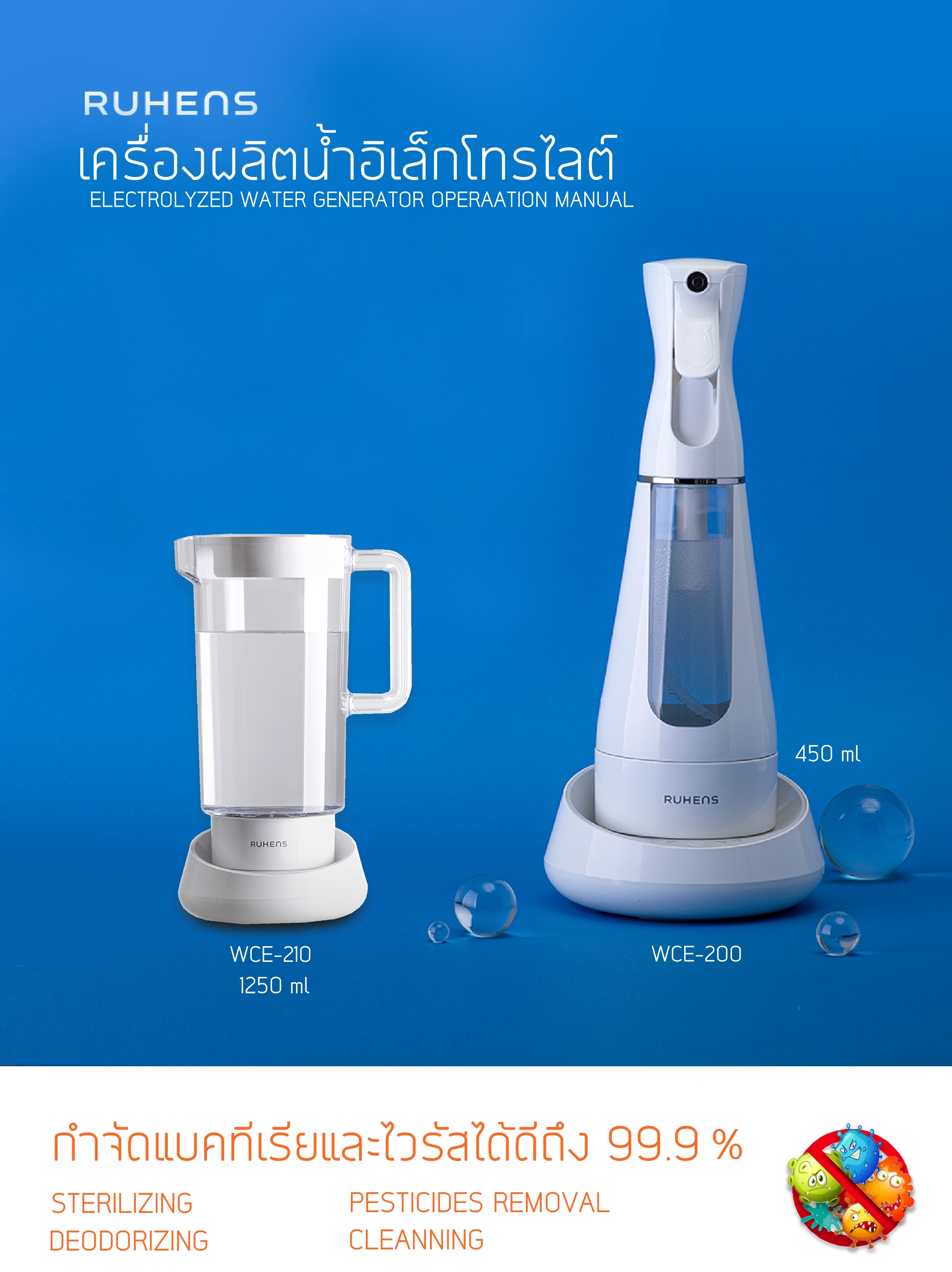 Ruhens เครื่องผลิต สเปรย์ฆ่าเชื้อไวรัส แบคทีเรีย เครื่องผลิตน้ำ อิเล็คโตรไลท์ สำหรับฆ่าเชื้อโรค พร้อมเหยือกในเซ็ท Sanitising Water