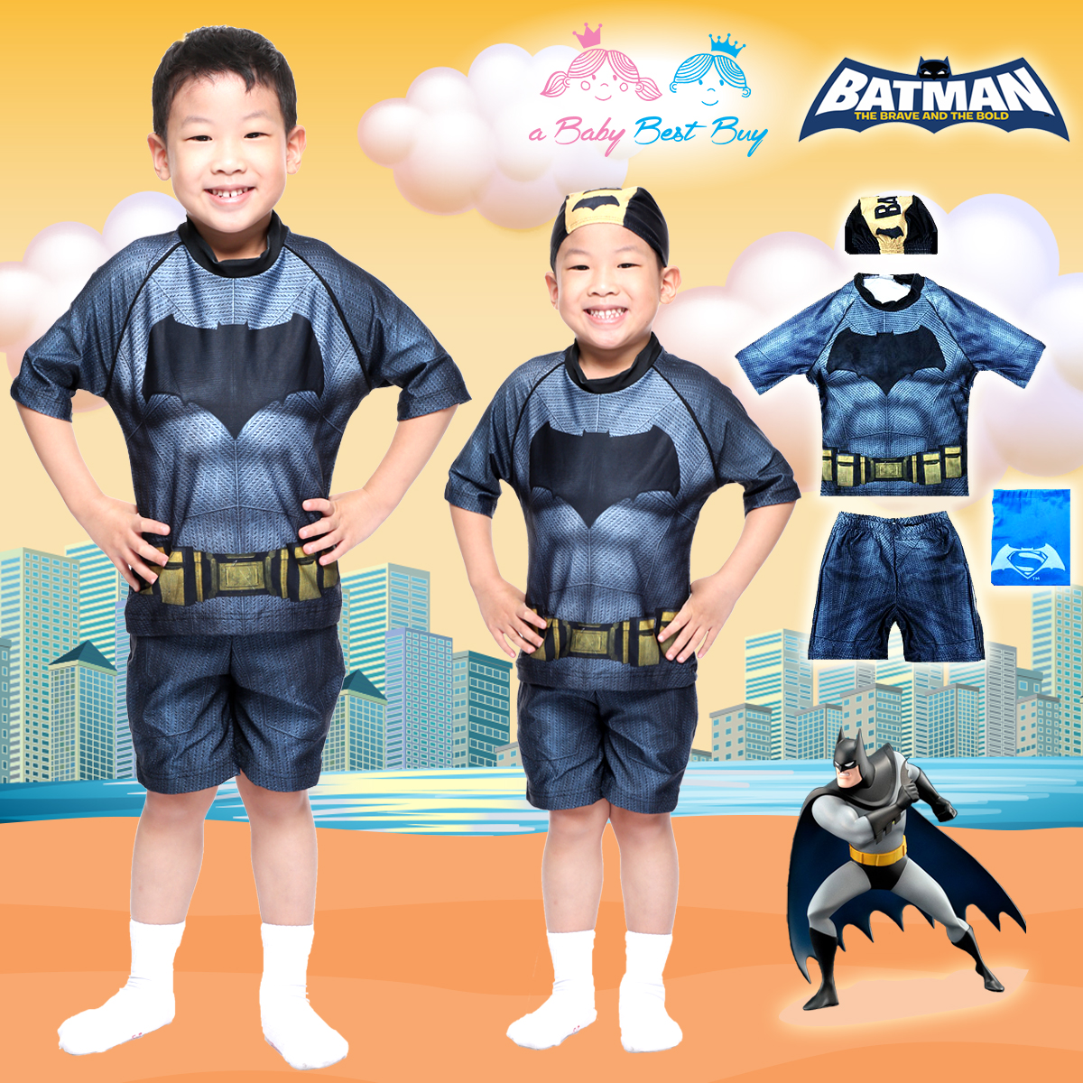 ( For Kids ) Swimsuit for Boy ชุดว่ายน้ำ เด็กผู้ชาย Bat man มาพร้อมกับเสื้อแขนสั้นสกรีนโลโก้ แบทแมน กางเกงขาสั้น มาพร้อมหมวกว่ายน้ำและถุงผ้า สุดเท่ห์ ใส่สบาย ลิขสิทธิ์แท้
