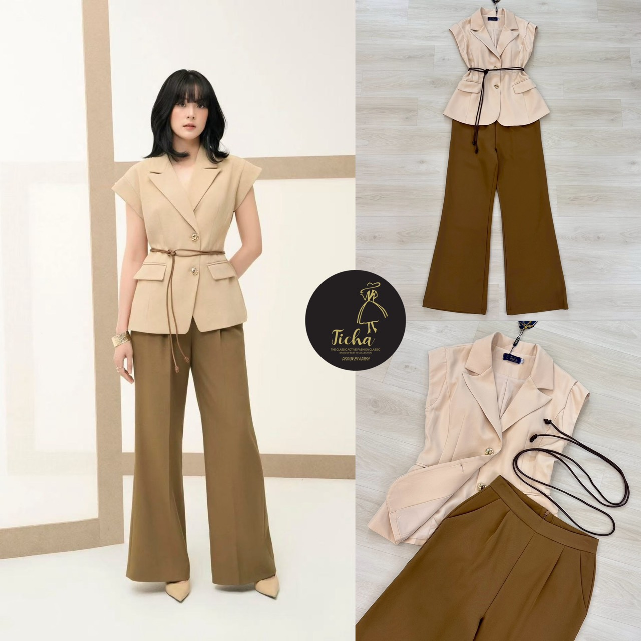 ชุดเซทแฟชั่น Set 3ชิ้น เสื้อ+กางเกง+สายเข็มขัด ดีเทลเสื้อคอปกทรงแขนล้ำโทนสีไอวอรี่