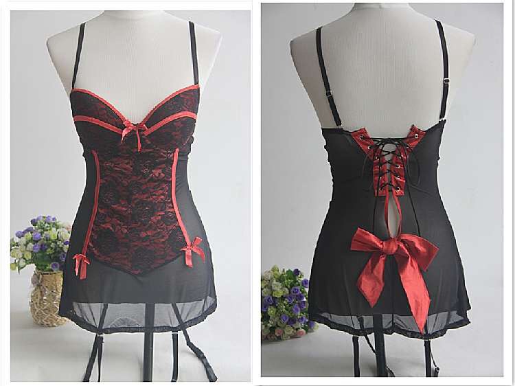 ชุดคอร์เซ็ต เดรสสั้น ชุดรัดทรง สไตล์คอร์เซ็ต แต่งริบบิ้นผูกหลัง สีดำ แต่งขลิบลูกไม้ส้ม มีดันทรงในตัว +สายรัดถุงน่อง Size M (B75 /C70) งานนอก สวยเทพเลยคะ