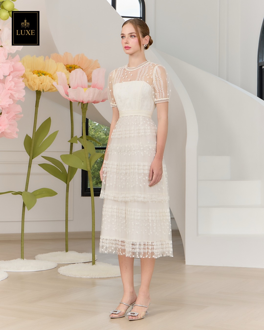 เดรสแฟชั่น เดรสเสื้อคอกลมแขนสั้น กระโปรงอัดพลีท3ชั้น