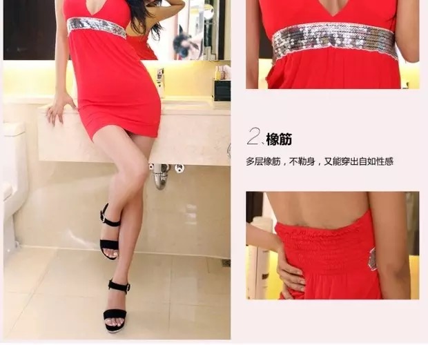 ชุดเดรส เดรสสั้นออกงาน ชุดเที่ยว เดรสคล้องคอสีแดง แต่งเลื่อมช่วงอก เปลือยหลังเก๋ไก๋ สวยแซ่บมากค