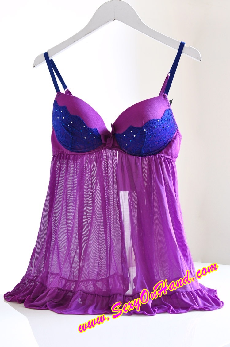 ชุดนอน สายเดี่ยวแต่งลูกไม้ สีม่วง งานเกรดพรีเมี่ยม ติดตะขอด้านหลัง Size XL (C85/D70/D75/D80 )