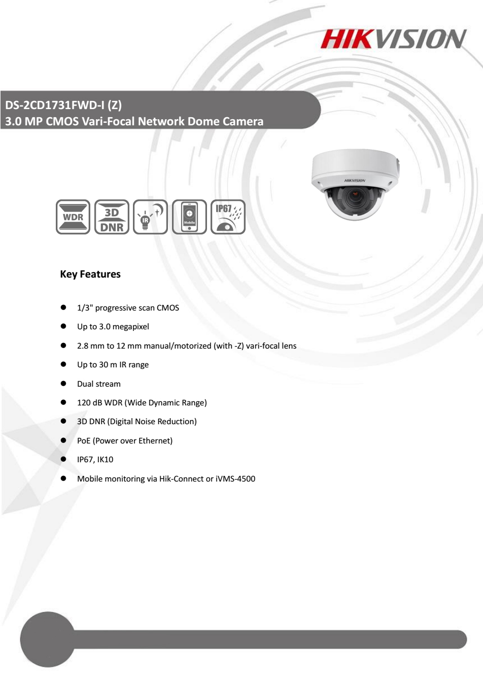 Hikvision DS-2CD1731FWD-I 3MP WDR WDR Vari-focal Dome Network Camera