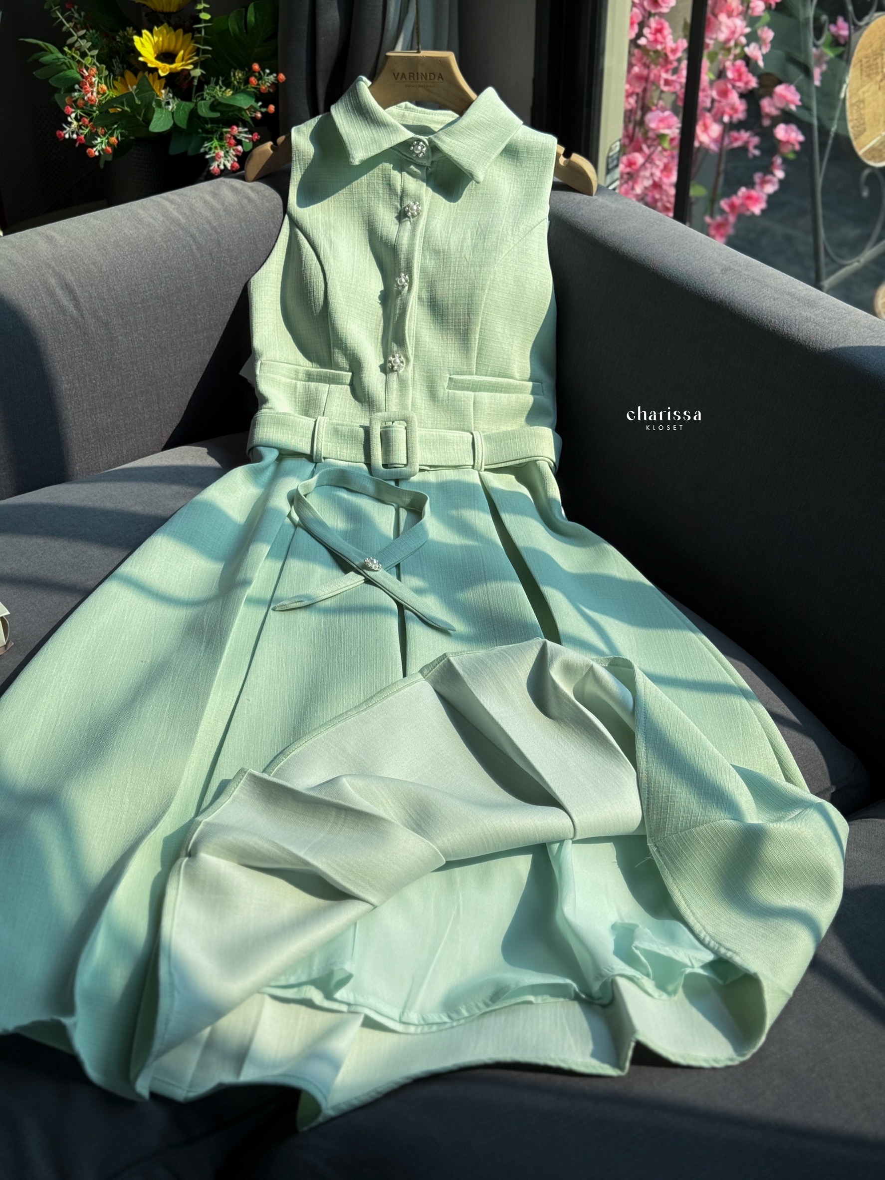 เดรสแฟชั่น เดรสผ้าพรีเมี่ยม มาพร้อมเข็มขัดและโชเกอร์