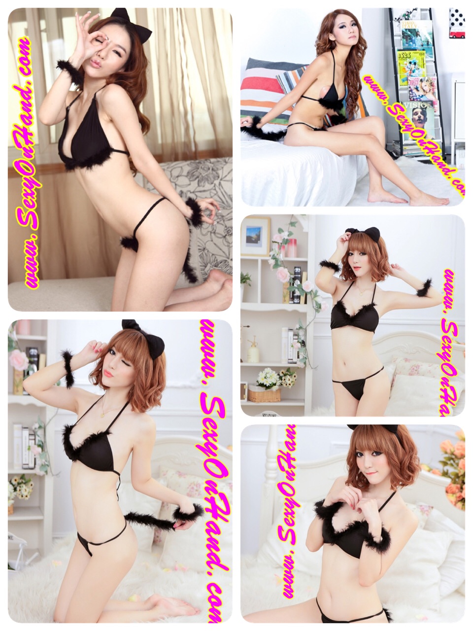 ชุดชั้นในเซ็กซี่ บิกินี่ เซ็ทแมวเหมียว สีดำ 5ชิ้น พร้อมที่คาดผมหูแมว สายข้อมือ และจีสตริงติดหาง สไตล์สาวน้อยขี้เล่น แนวเก๋ๆ เลยคะ