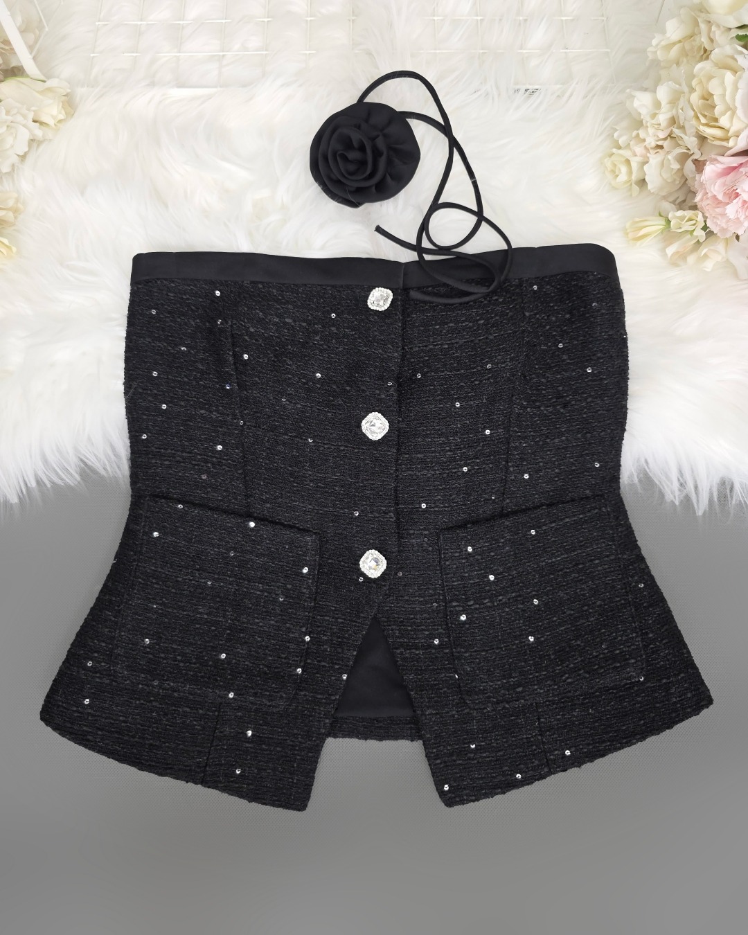 ชุดเซทแฟชั่น เซ็ตเสื้อเกาะอกทรงหลวม+กางเกงเอวสูงขากระบอกกว้าง