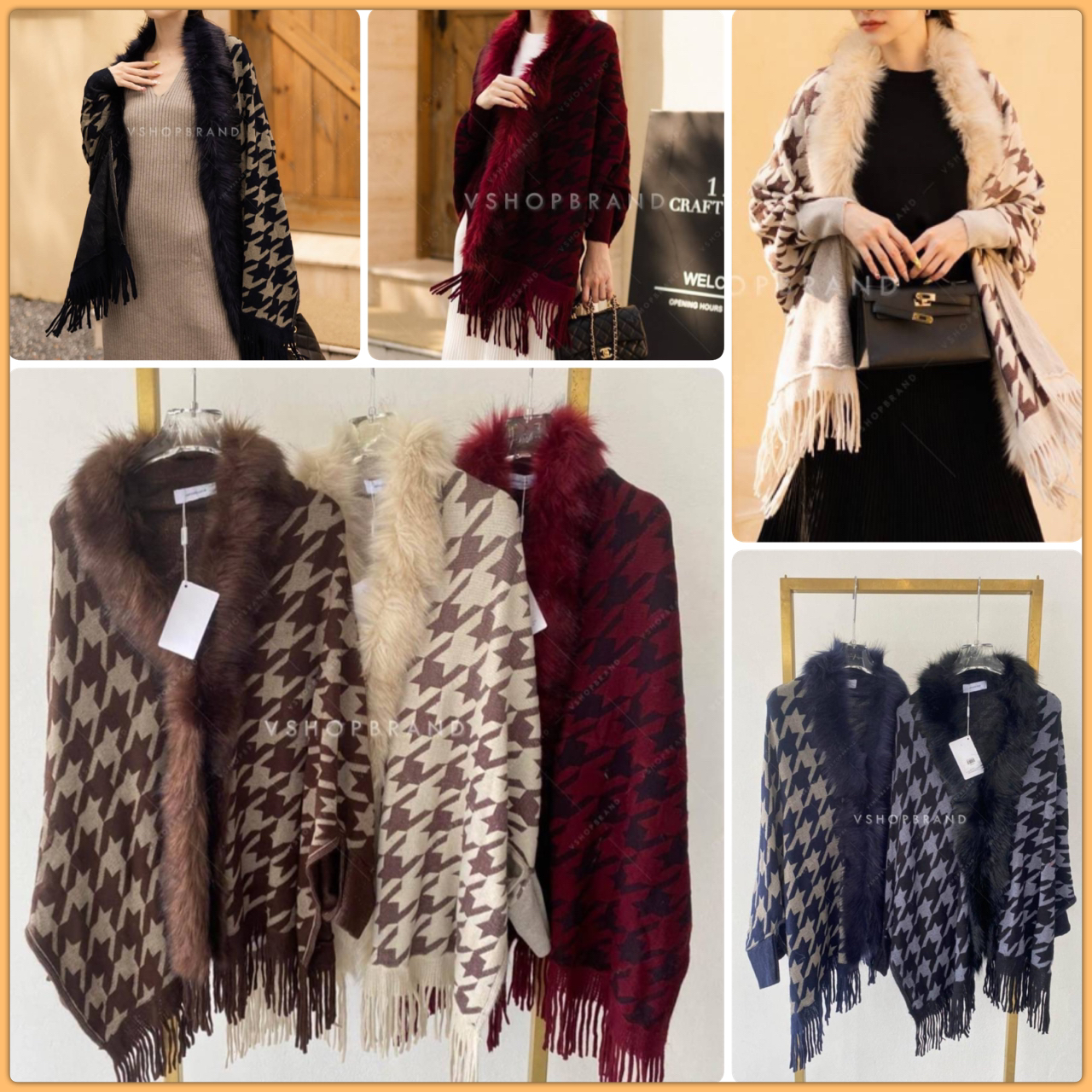 เสื้อคลุมแขนยาวลายชิโน แต่งขนเฟอช่วงคอ ช่วงปลายแต่งพู่ งานสวยแพงให้ลุคมาดามสาวท่านหนึ่ง ผ้าคลุมนิ่มเวอร์ ใส่สบาย รีบจับจองเป็นเจ้าของได้เลยจร้า