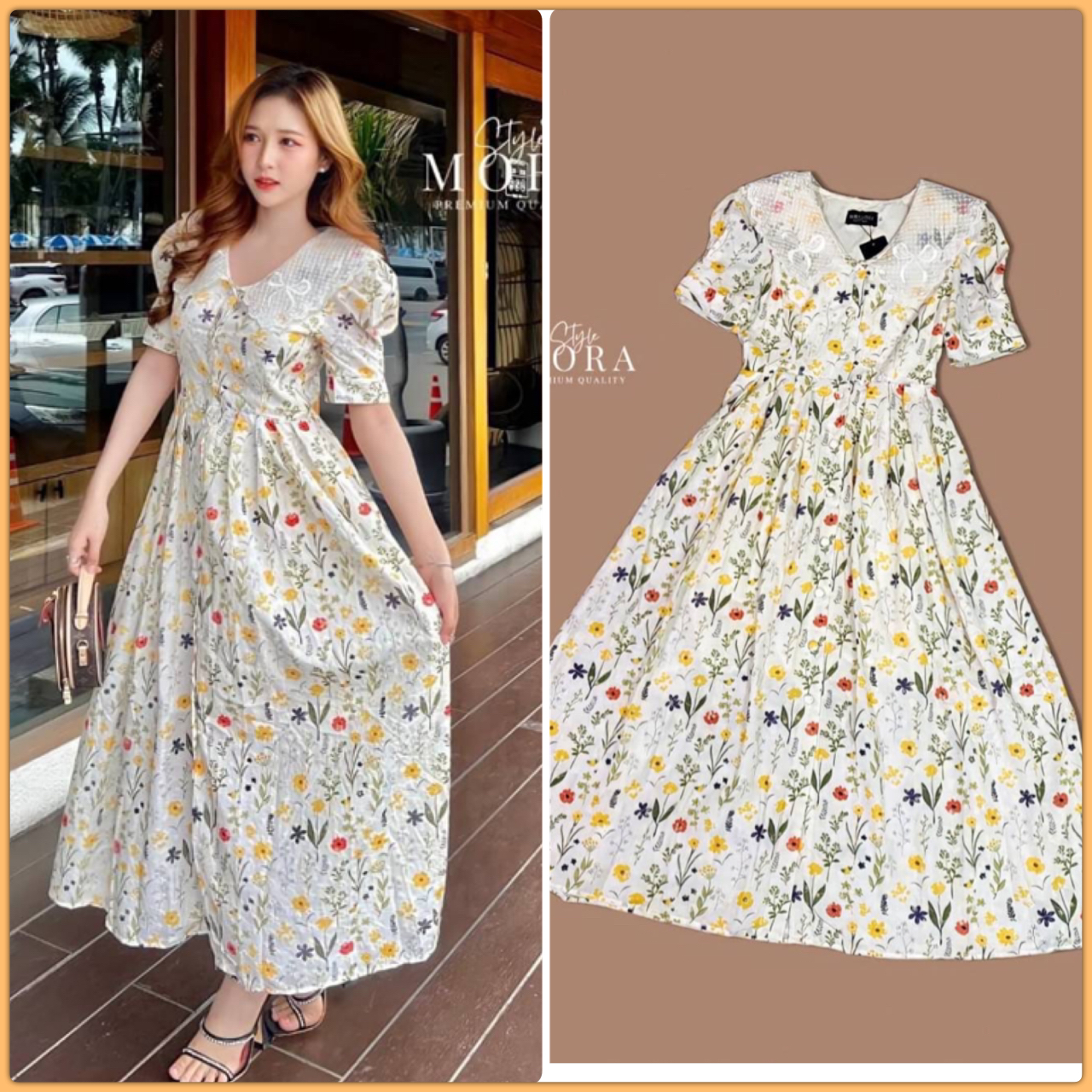 เดรสฉลุยาว คอแต่งลูกไม้ ตัวชุดพิมพ์ลาย ทรงกระดุมผ่าหน้ายาว น่ารักเกินปุยมุ้ยย ของมันต้องมีจริงๆเลยค่าาารุ่นนี้