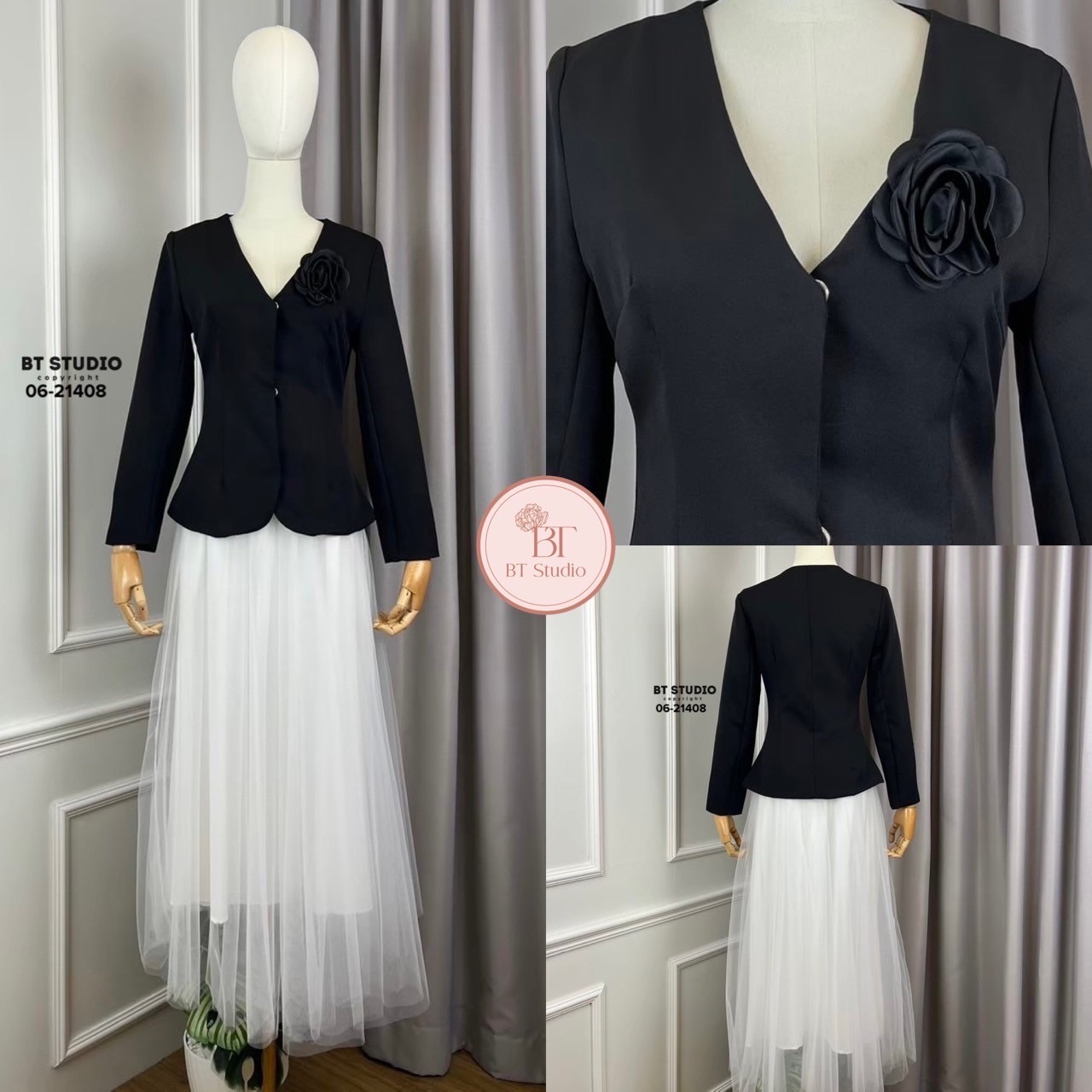 ชุดเซทแฟชั่น เซท 3 ชิ้น เสื้อเบเซอร์แขนยาวแต่งติดแป๊กด้านหน้า มาพร้อมเข็มกลัดโบ แมทซ์กับกระโปรงเอวสูง