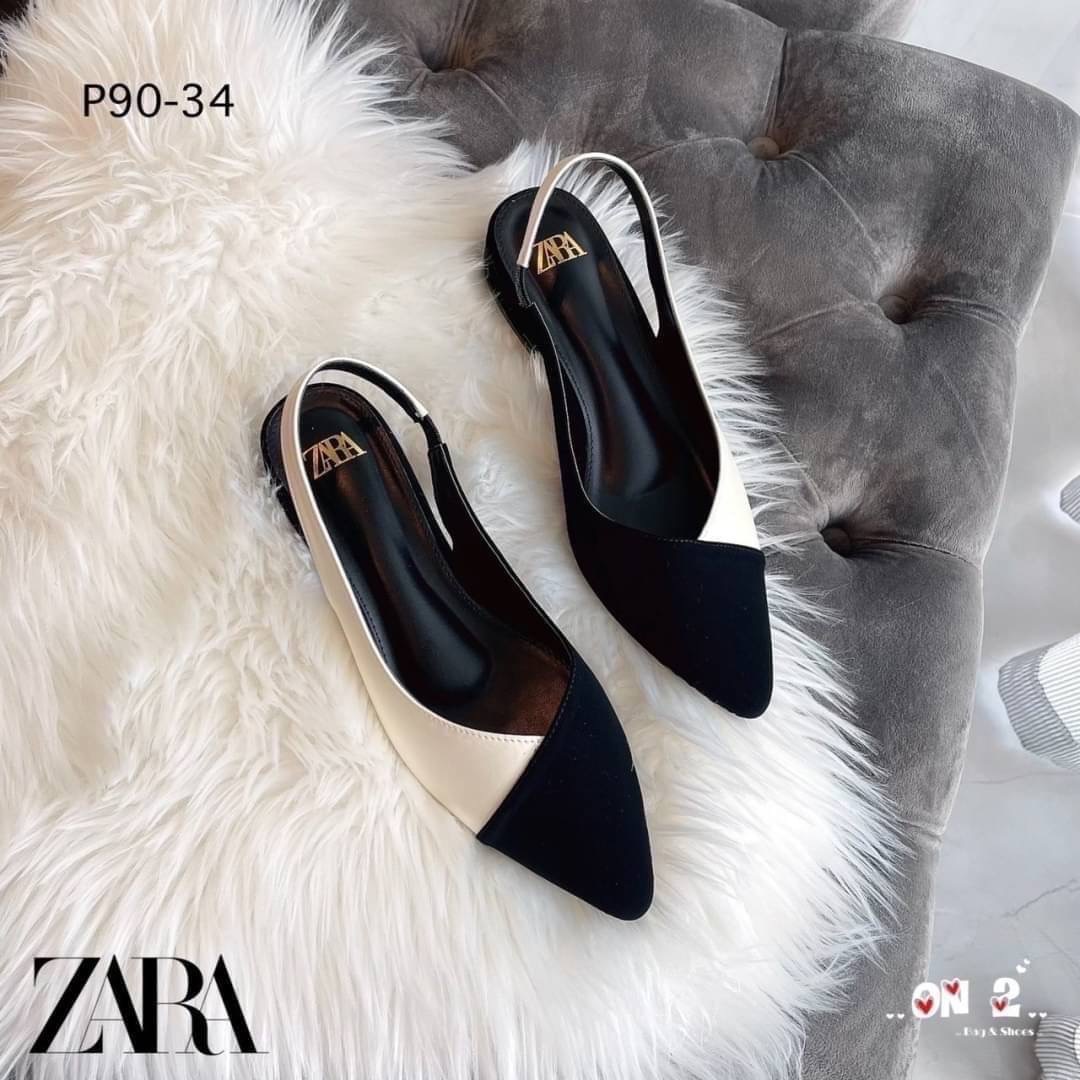 ZARA รองเท้าคัชชูหัวแหลมเปิดหลังสวมข้อเท้างานZARA ด้านหลังแบบยืดได้ สีสวยคลาสสิค ดำ-ขาว ดำ-ครีม ใส่แมทซ์กับชุดได้เยอะค่ะ