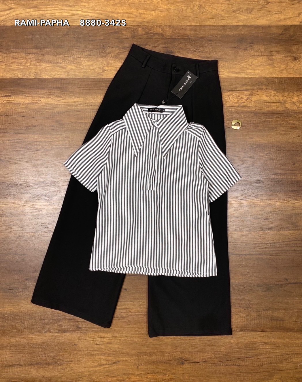 ชุดเซทแฟชั่น เสื้อเชิ้ตแขนสั้นคอปกเก๋ๆ ลายริ้วทางตรงสีสวยคลาสสิค ดีเทลสวยเก๋ กระดุมอกซ่อน
