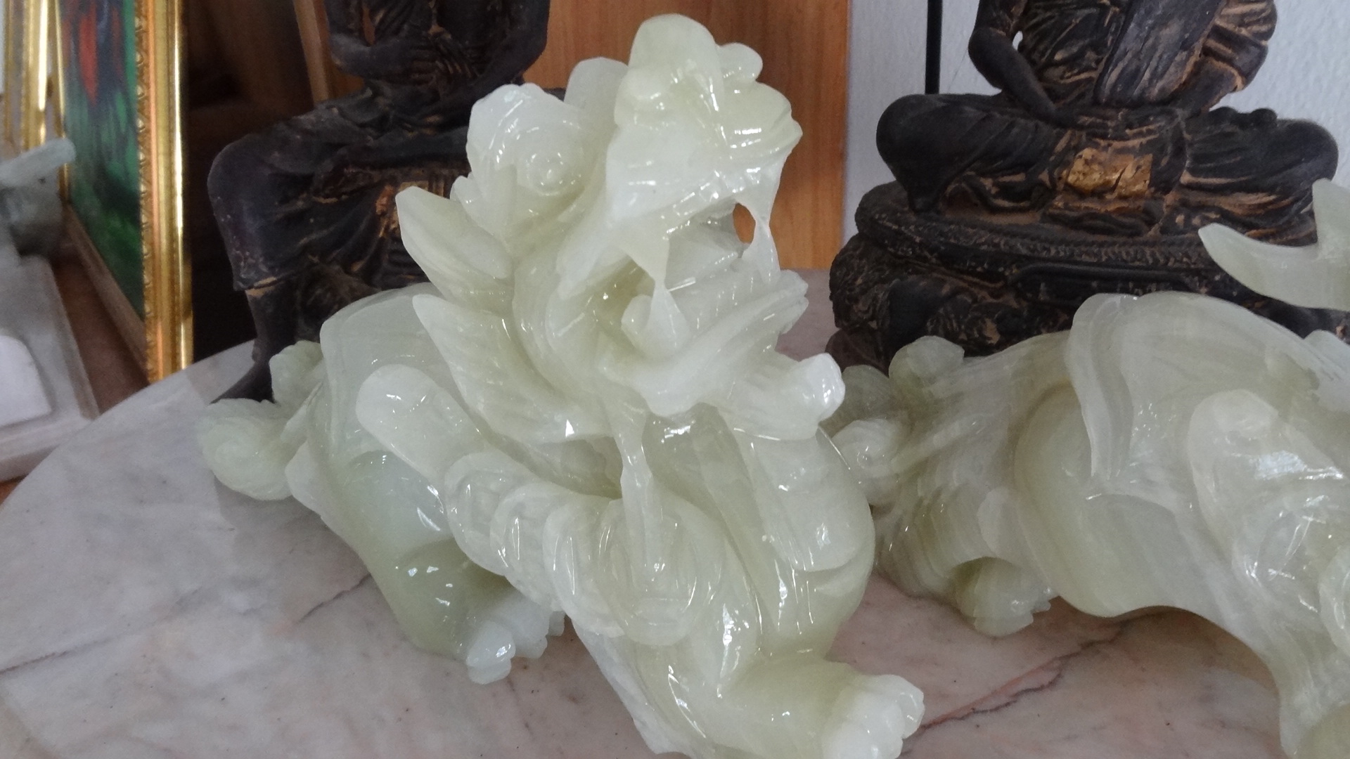 ปี่เซี๊ยะคู่ หินอ่อนหยกเขียว หางพวง ขนาดกว้าง 20 สูง 14 เซนติเมตร ( 1 คู่ )