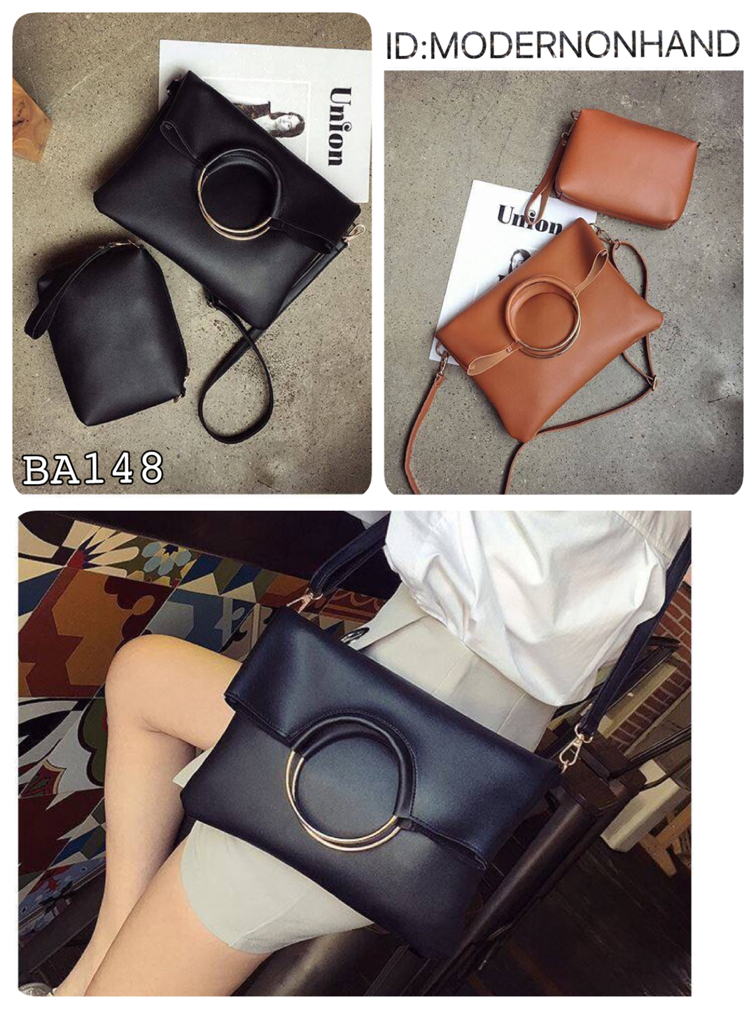 กระเป๋าสะพายข้างสีน้ำตาล กระเป๋าคลัชมือ แต่งห่วงทอง สวย แนว เท่ห์ๆคะ+กระเป๋าเล็ก ไซส์ลูก ด้านใน 2ชิ้น สุดคุ้ม สวยเก๋ มากคะ Size:ยาว29xสูง32xหนา4cm